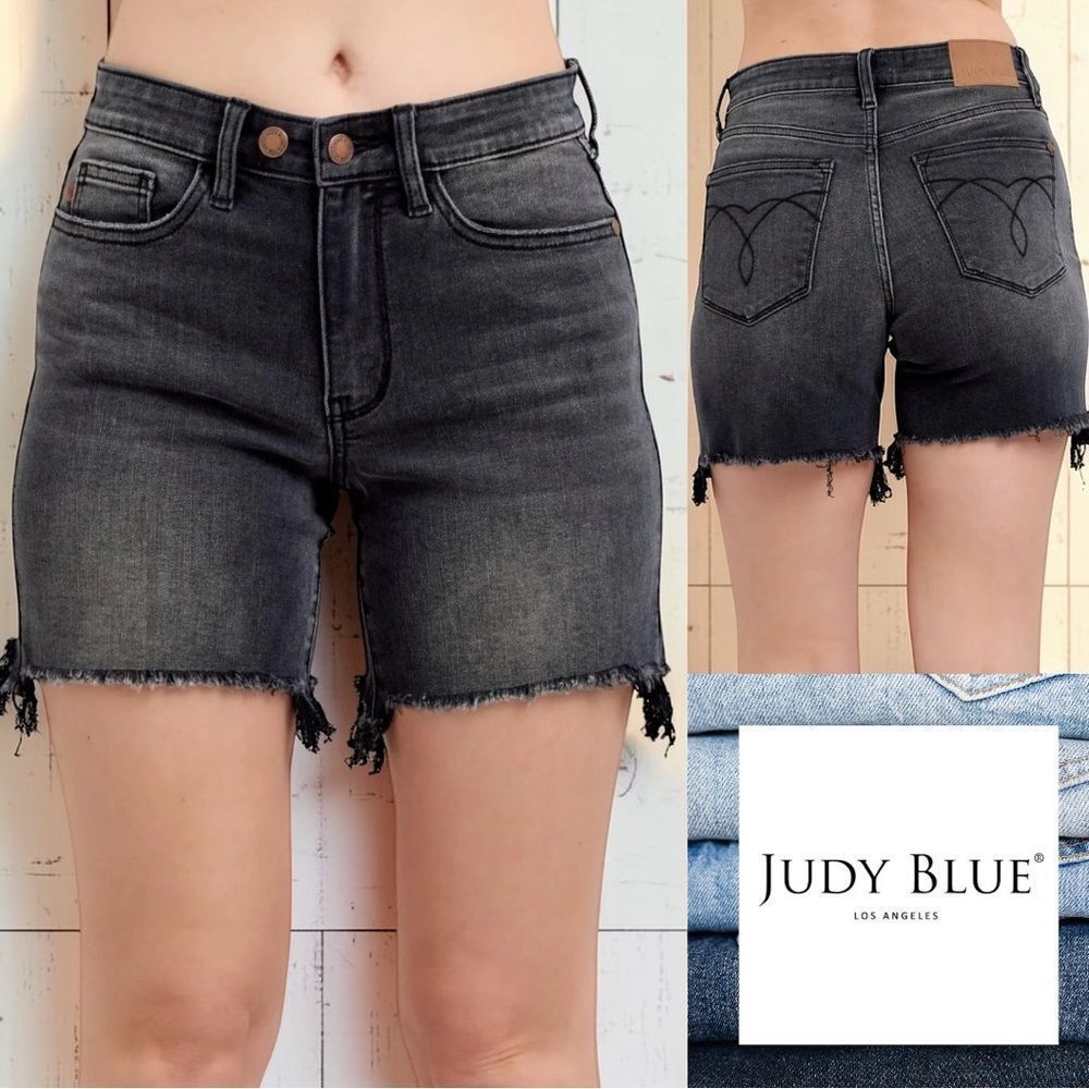 Judy Blue High Rise Bermuda Shorts Black Wash Frayed Hem Denim NWT